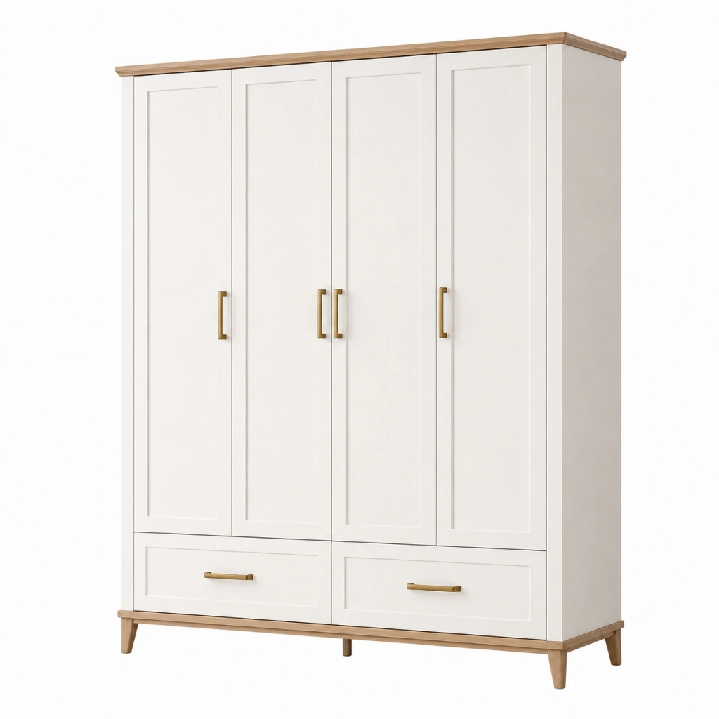 Armadio guardaroba 180 x 55 x 200 cm in legno bianco con 4 ante e 2 cassetti stile classico