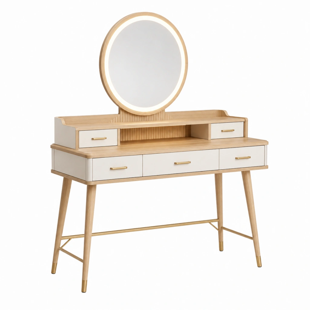 Toeletta 120 x 50 x 150 cm in legno naturale e bianco con specchio illuminato e 5 cassetti