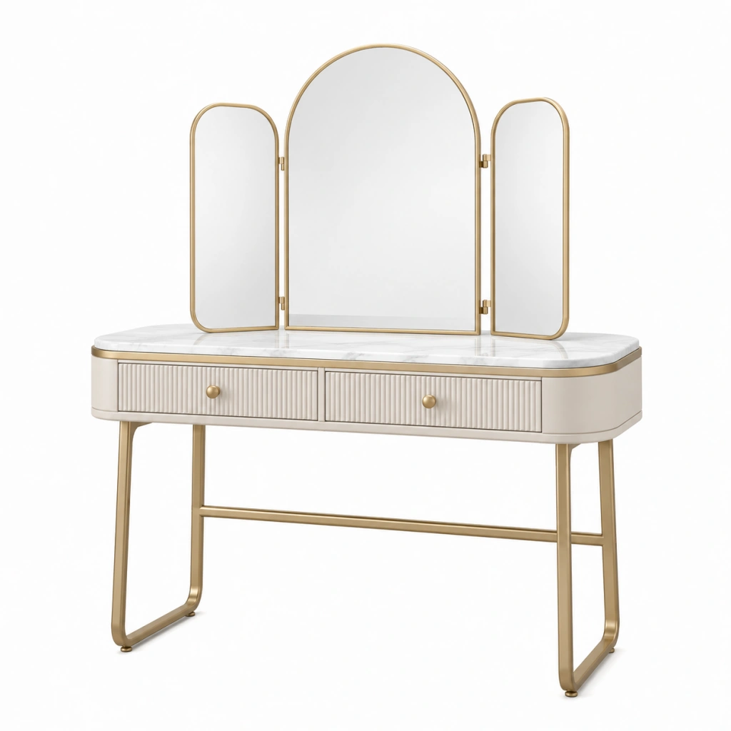 Toeletta con specchio triplo 100 x 45 x 145 cm bianco e oro in metallo vetro e pannello effetto marmo