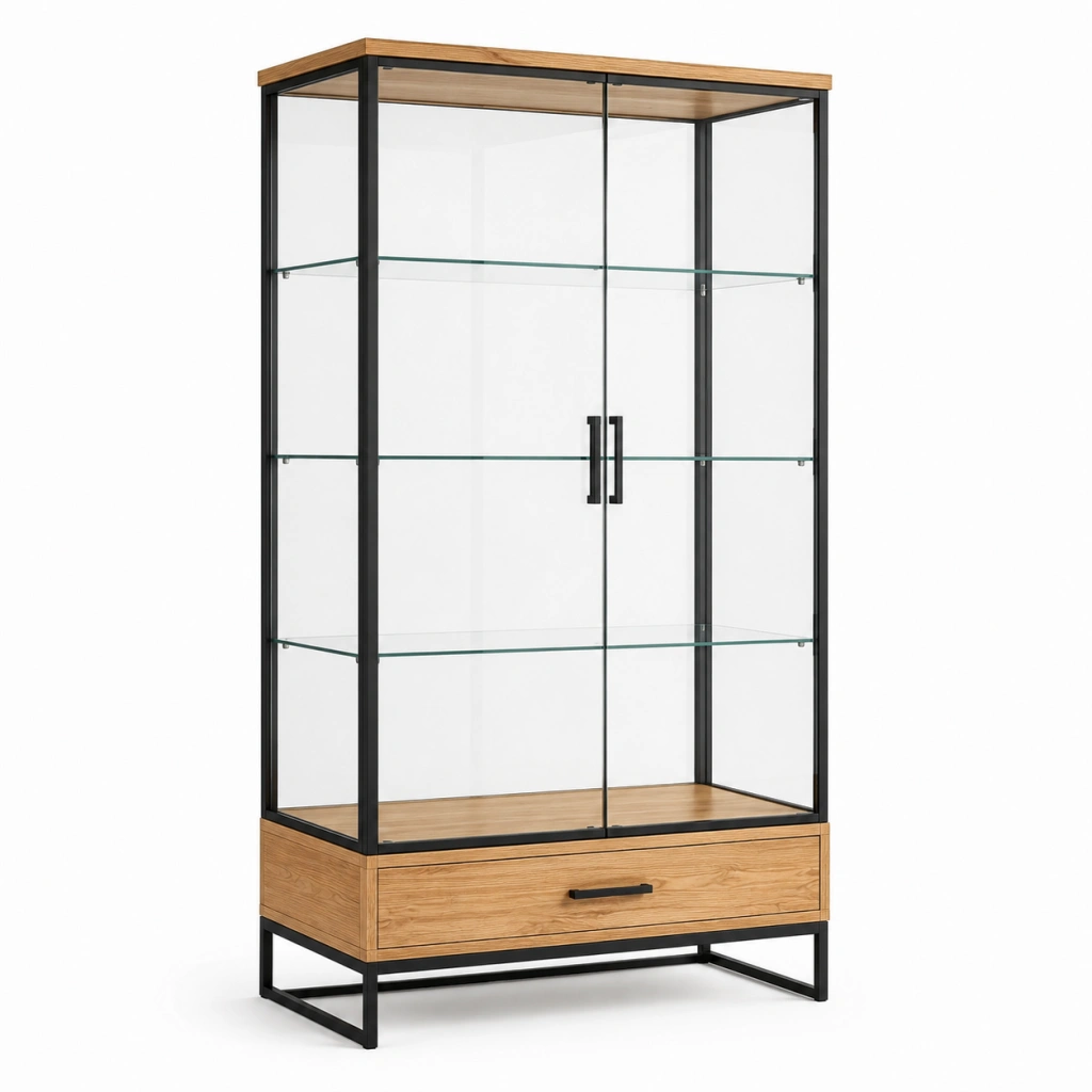 Vetrina 100 x 40 x 190 cm in vetro e legno marrone con struttura nera e cassetto