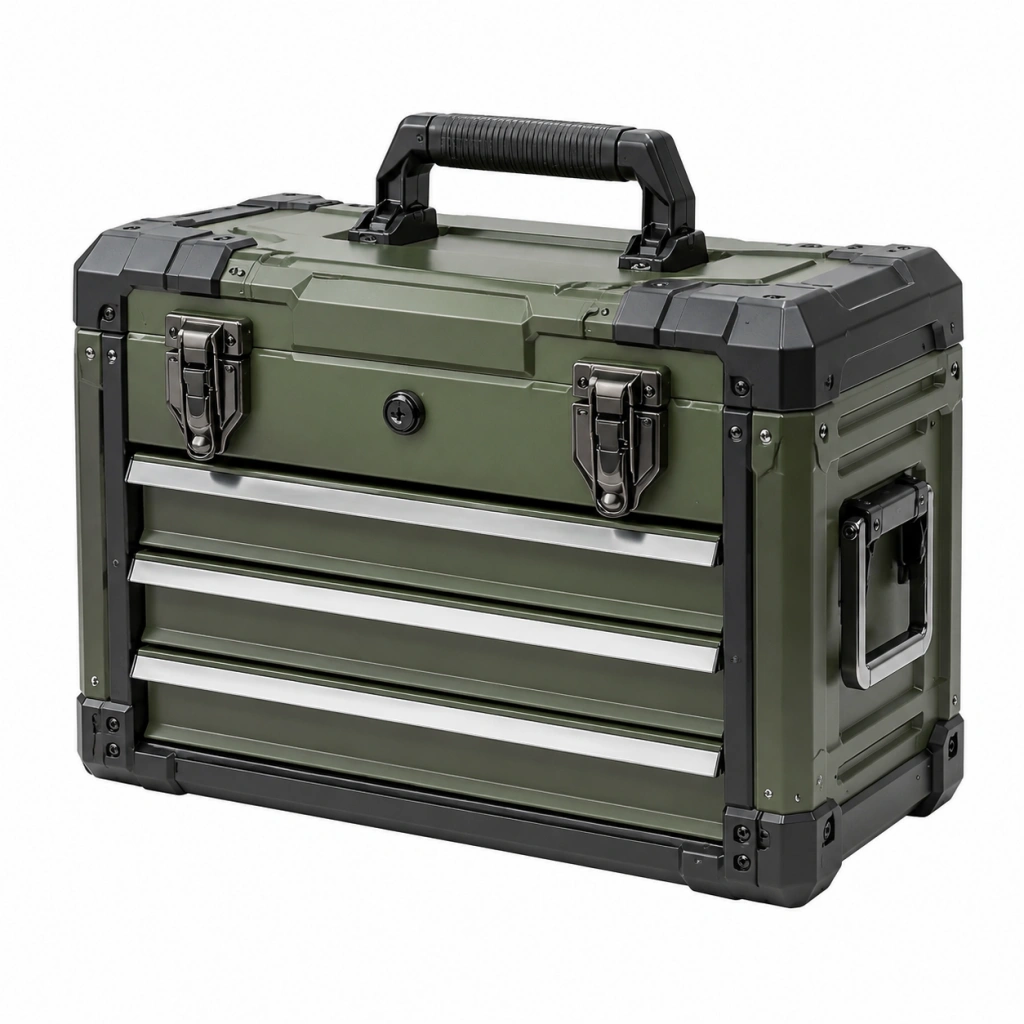 Cassettiera portautensili 55 x 30 x 38 cm in metallo verde militare con maniglia e 4 cassetti