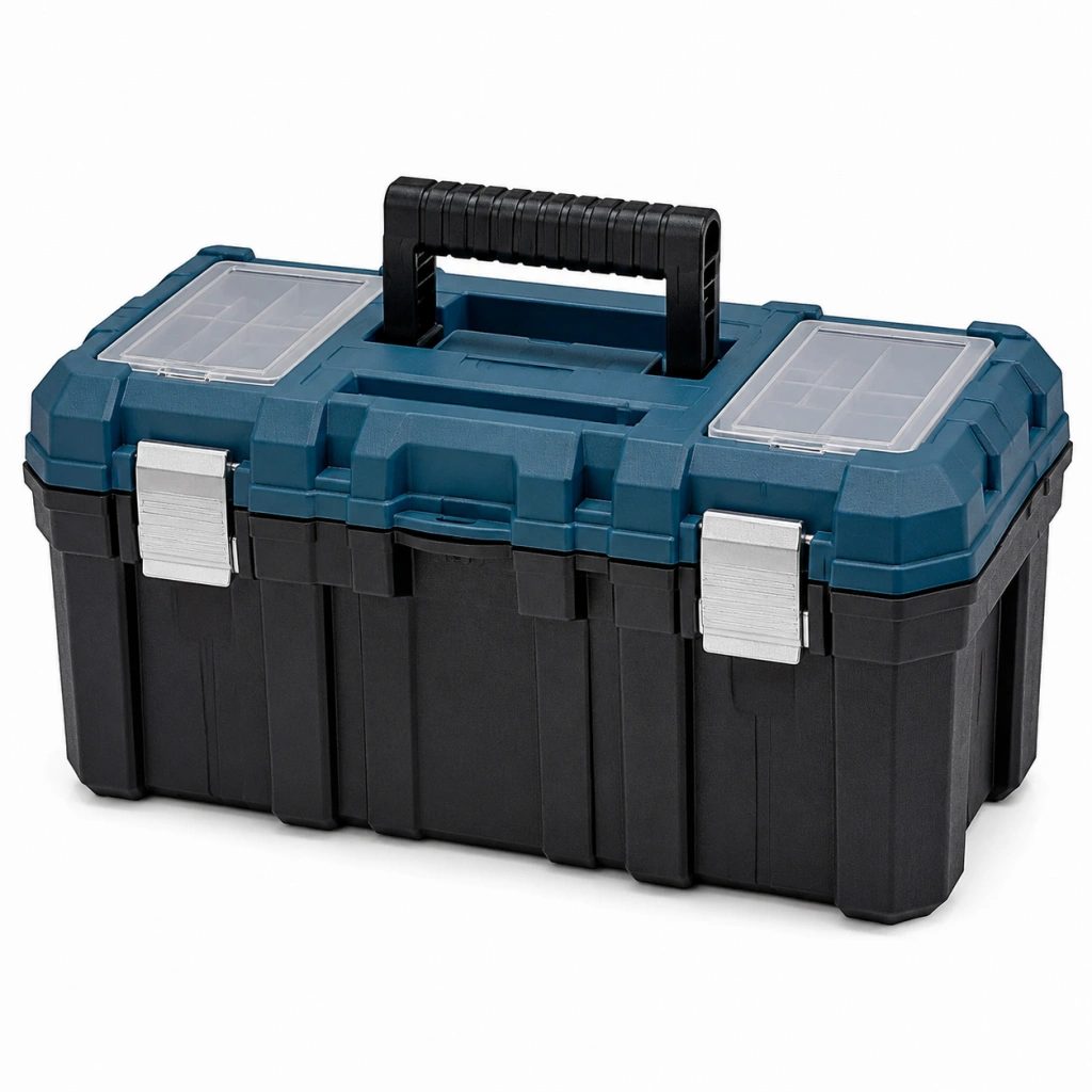 Cassetta portautensili 50 x 25 x 25 cm in plastica blu e nera con maniglia e scomparti