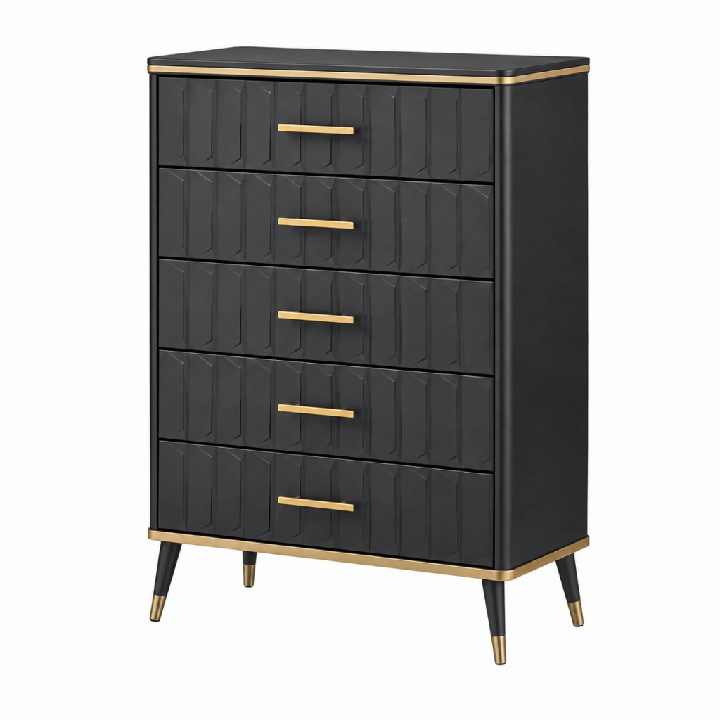 Cassettiera 80 x 40 x 110 cm nera in legno con 5 cassetti stile moderno