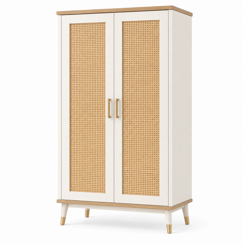 Armadio 90 x 50 x 180 cm in legno bianco e rattan naturale - contenitore a 2 ante stile nordico
