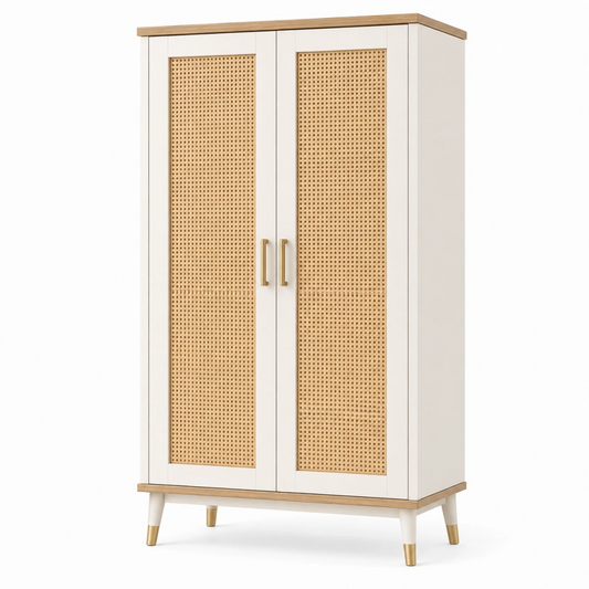 Armadio 90 x 50 x 180 cm in legno bianco e rattan naturale - contenitore a 2 ante stile nordico
