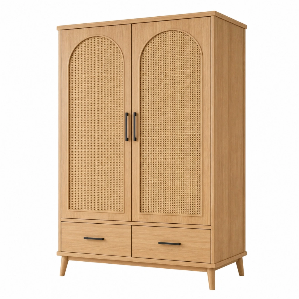 Armadio 100 x 50 x 190 cm in legno naturale con ante in rattan stile boho