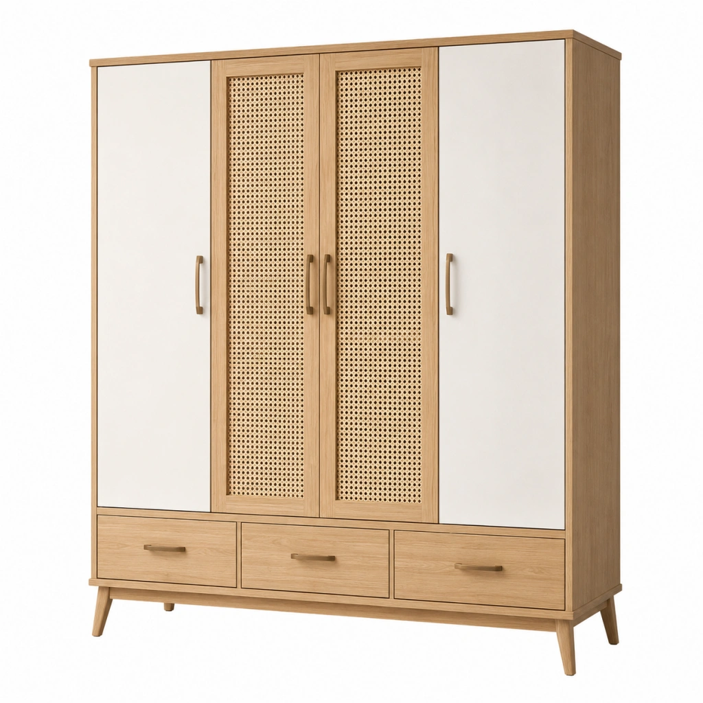 Armadio guardaroba 180 x 55 x 200 cm in legno naturale e bianco con ante in rattan e cassetti stile boho
