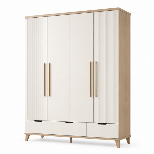 Armadio guardaroba 160 x 55 x 200 cm in pannelli di legno bianco e rovere naturale con 4 ante e 3 cassetti