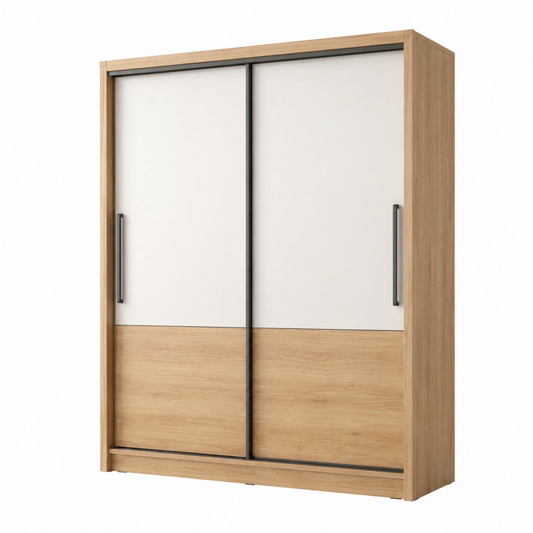 Armadio guardaroba 120 x 60 x 200 cm in pannelli effetto legno rovere naturale bianco con ante scorrevoli stile moderno