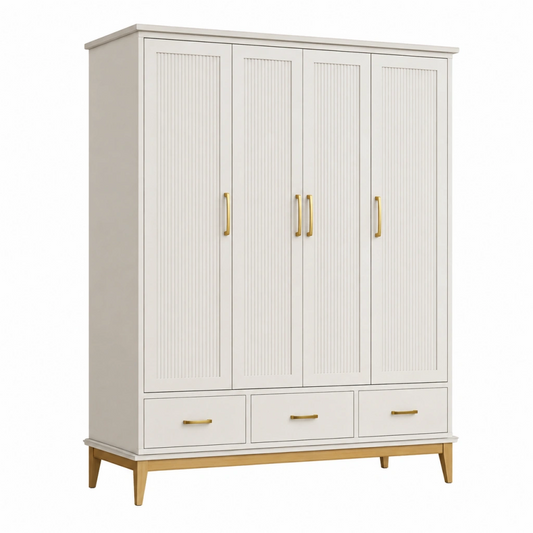 Armadio 160 x 50 x 200 cm in legno bianco con 4 ante e 3 cassetti stile moderno