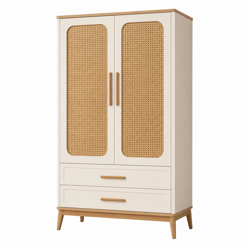 Armadio 100 x 55 x 190 cm in legno avorio e rattan naturale - due ante e due cassetti stile nordico
