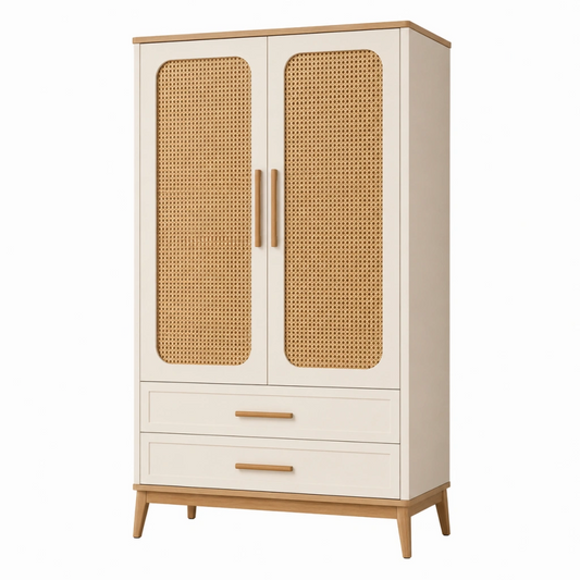 Armadio 100 x 55 x 190 cm in legno avorio e rattan naturale - due ante e due cassetti stile nordico