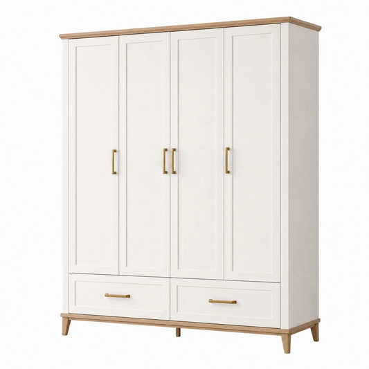 Armadio guardaroba 180 x 55 x 200 cm in legno bianco con 4 ante e 2 cassetti stile classico