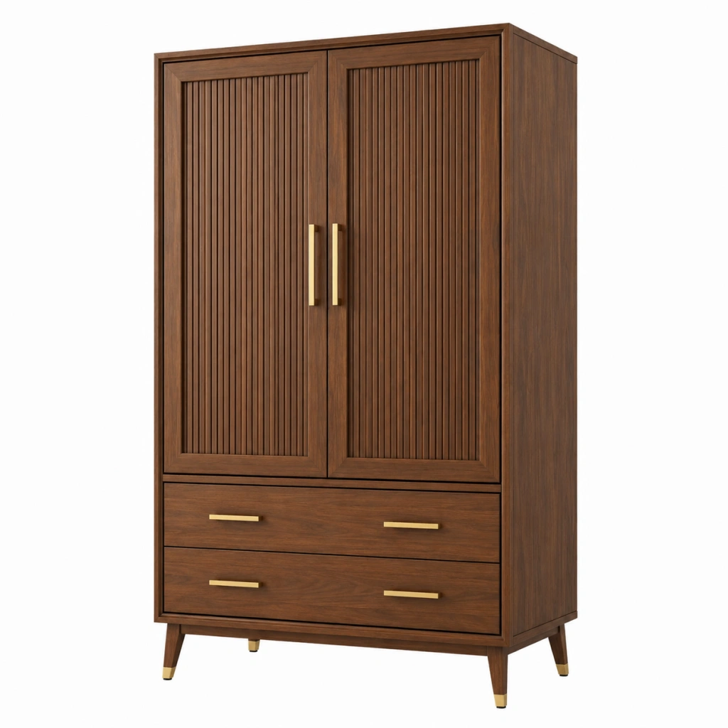 Armadio guardaroba 100 x 55 x 200 cm in legno marrone con ante scanalate e cassetti