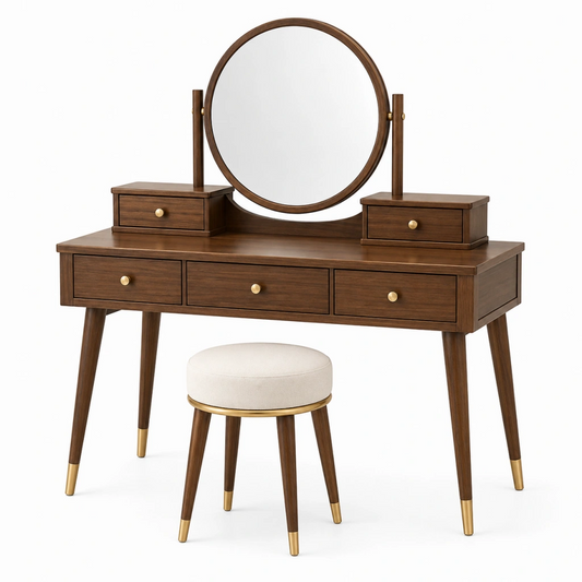 Set toeletta 120 x 45 x 150 cm in legno marrone con specchio rotondo e sgabello imbottito stile moderno
