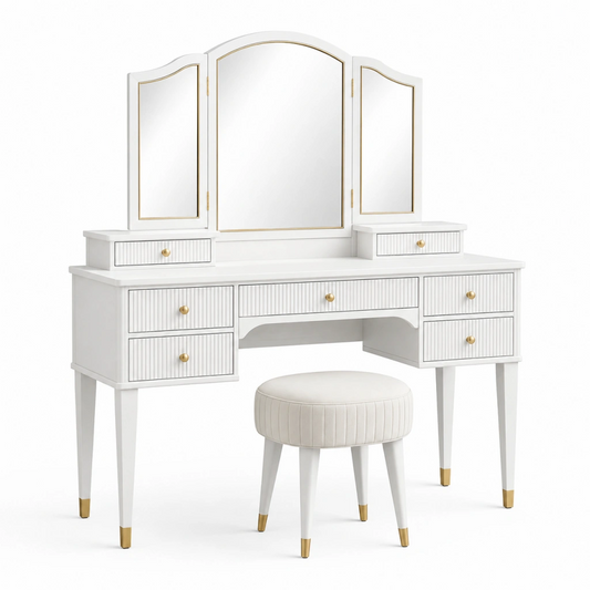 Set toeletta 120 x 45 x 160 cm bianco e oro con specchio pieghevole e sgabello imbottito