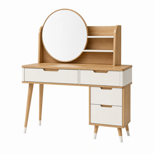 Toeletta con specchio 100 x 45 x 150 cm in legno bianco/naturale con 4 cassetti stile nordico