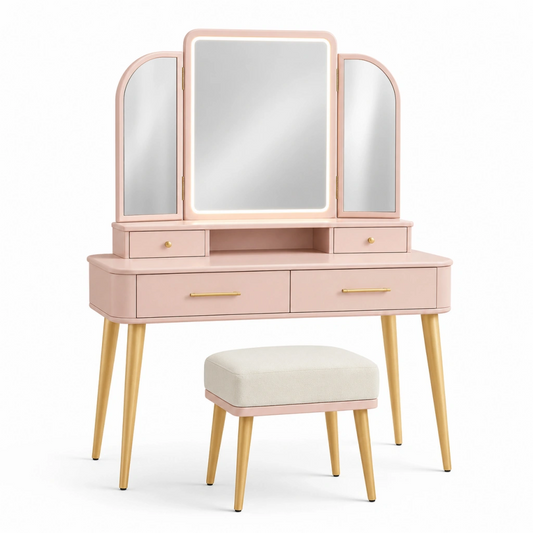 Set toeletta con specchio 100 x 45 x 145 cm rosa e oro con sgabello