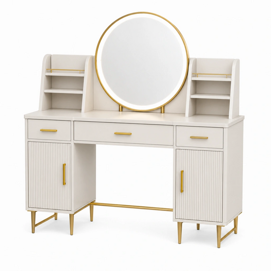Toeletta 120 x 45 x 150 cm in legno bianco con specchio e contenitori stile moderno