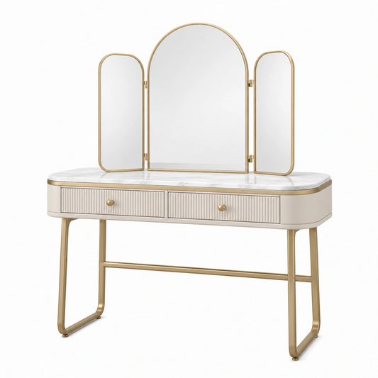 Toeletta con specchio triplo 100 x 45 x 145 cm bianco e oro in metallo vetro e pannello effetto marmo