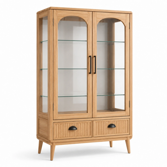 Vetrina 90 x 40 x 180 cm in legno naturale e vetro - due ante due cassetti stile retrò