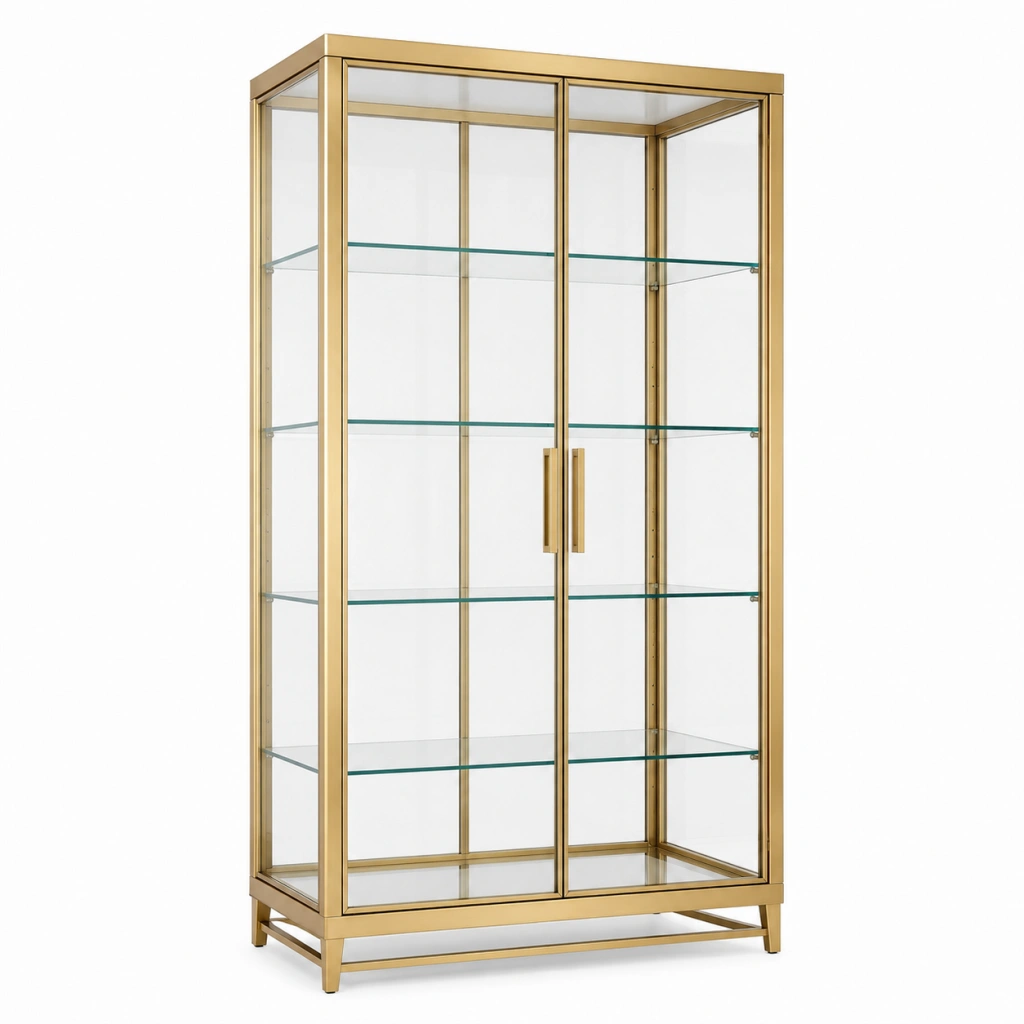 Vetrina 90 x 40 x 180 cm in vetro e metallo dorato - mobile espositivo moderno con 2 ante