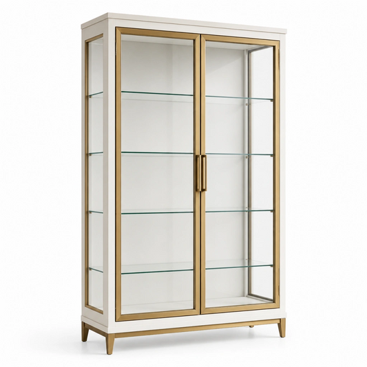 Vetrina 100 x 40 x 190 cm in legno bianco e vetro trasparente con finiture oro - mobile espositivo a 2 ante