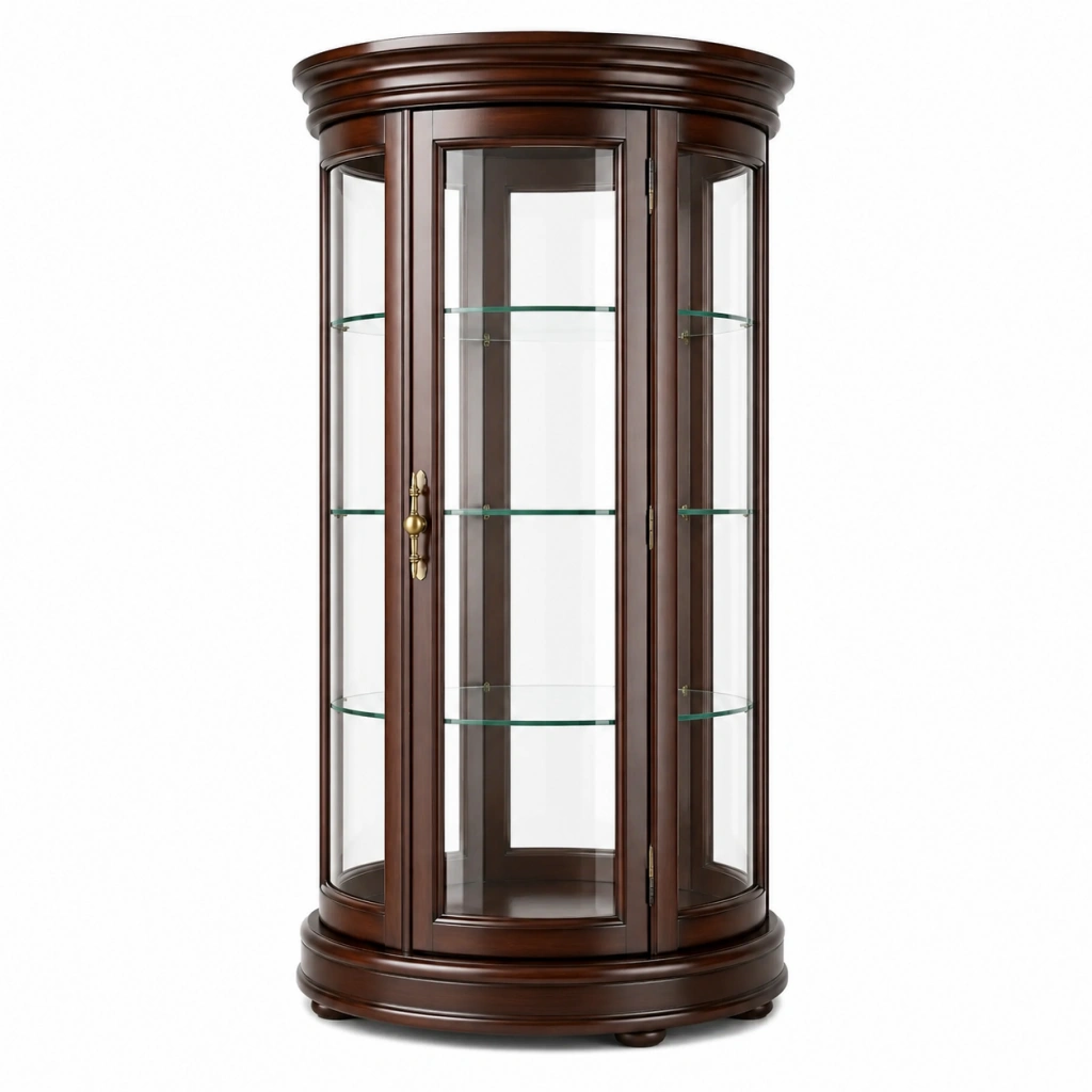 Vetrina cilindrica diametro 75 cm altezza 180 cm in legno marrone e vetro stile classico