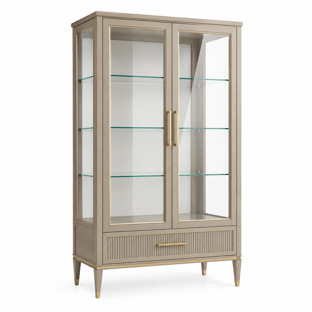 Vetrina 90 x 40 x 180 cm in legno beige e vetro con ante e cassetto stile classico
