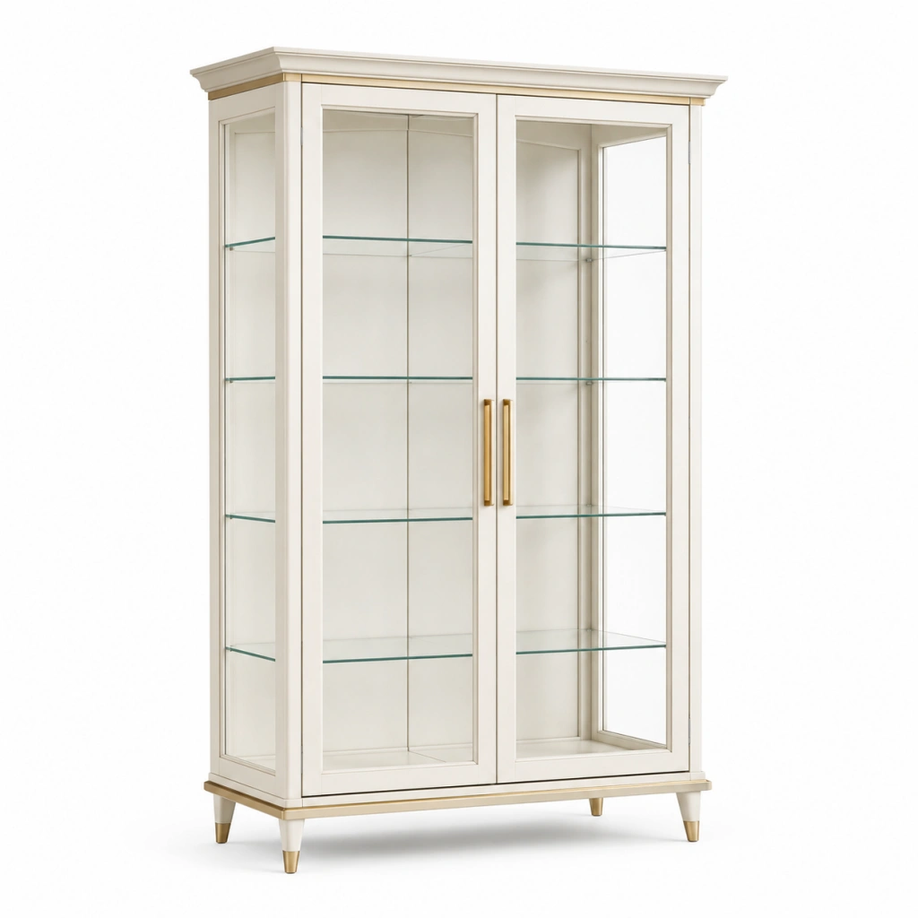 Vetrina 100 x 45 x 190 cm in legno e vetro bianco avorio con ante espositiva stile classico