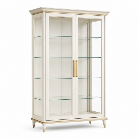Vetrina 100 x 45 x 190 cm in legno e vetro bianco avorio con ante espositiva stile classico