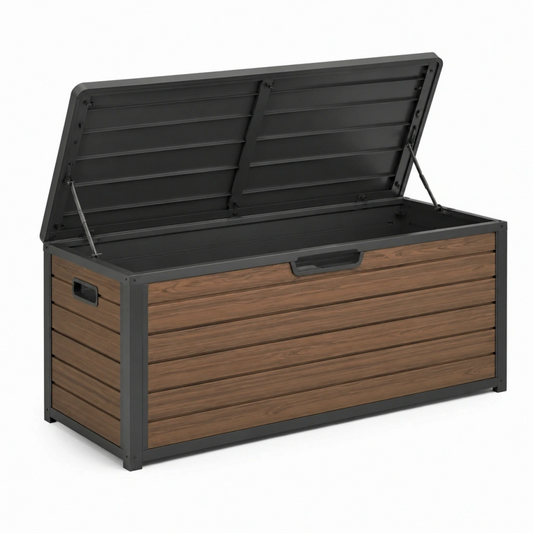 Cassapanca da esterno 120x61x63 cm in plastica marrone e nero con coperchio sollevabile