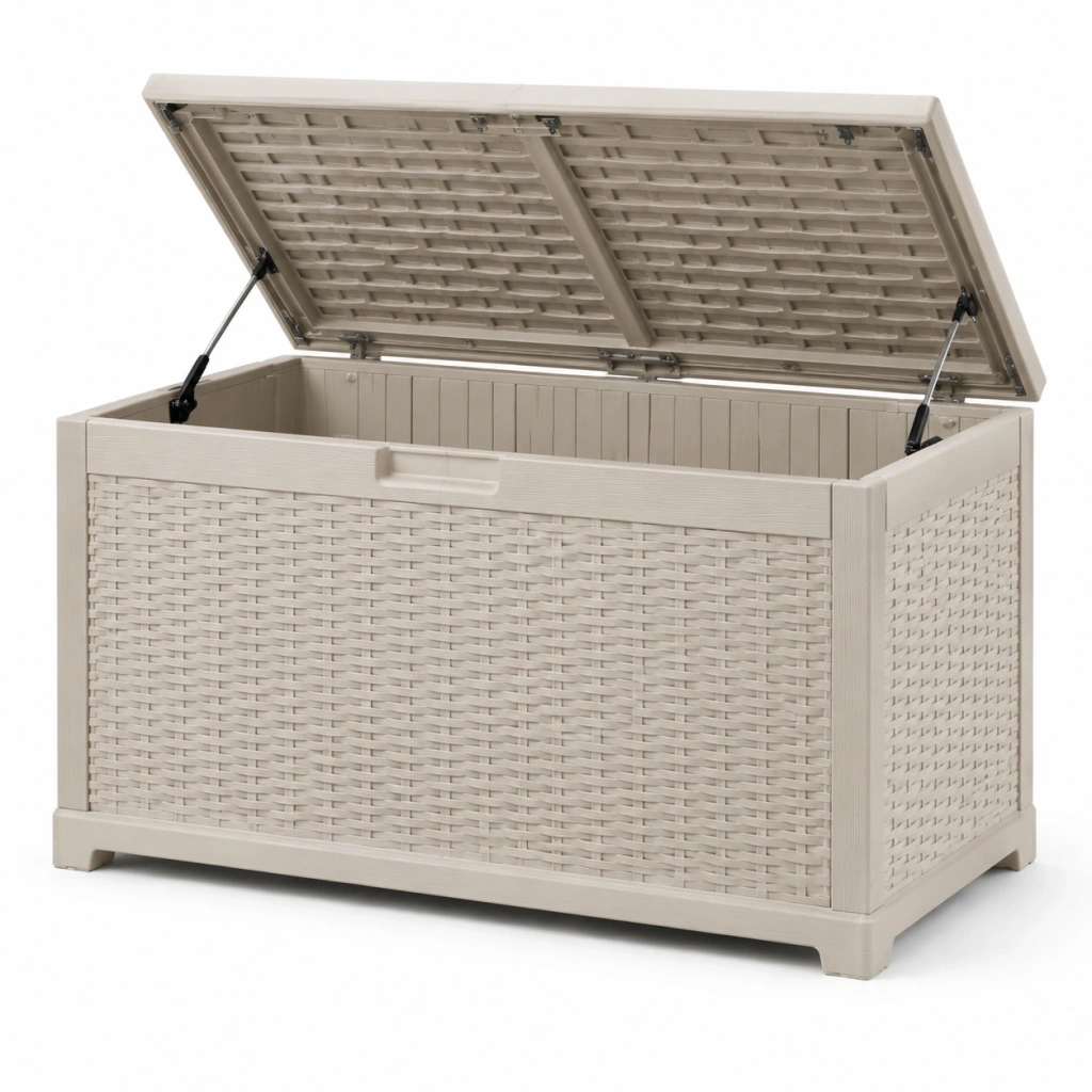 Cassapanca da esterno 120 cm in resina beige con coperchio sollevabile