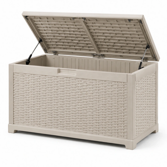 Cassapanca da esterno 120 cm in resina beige con coperchio sollevabile