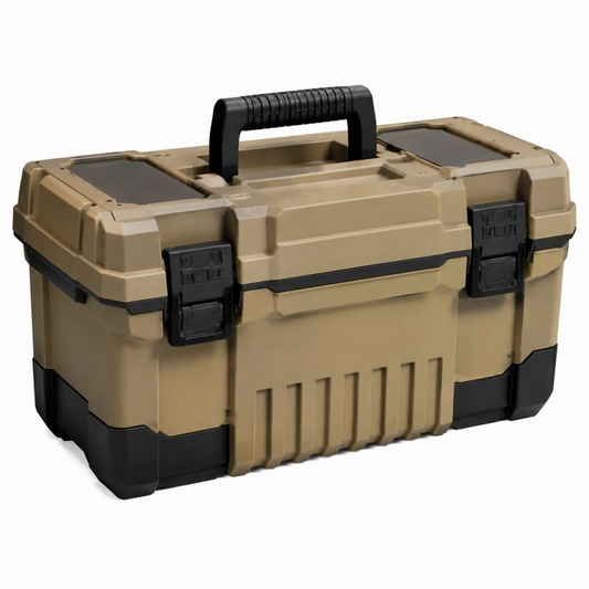 Cassetta portautensili 50 x 25 x 25 cm in plastica beige/nero con chiusure e maniglia