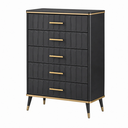 Cassettiera 80 x 40 x 110 cm nera in legno con 5 cassetti stile moderno