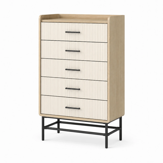 Cassettiera 80 x 45 x 130 cm in legno bianco rovere e metallo nero - 5 cassetti stile moderno