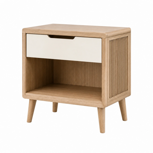 Comodino 50 x 40 x 60 cm in legno naturale e bianco con cassetto e vano aperto stile nordico