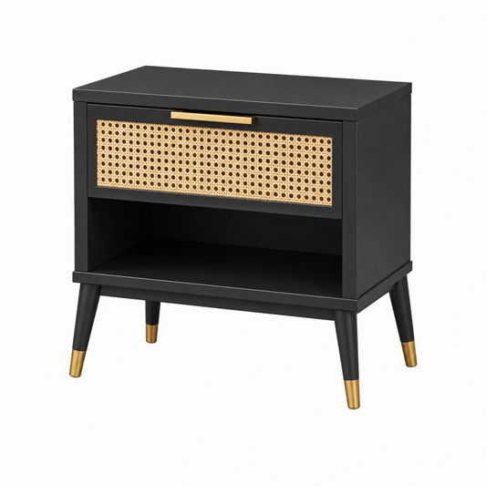 Comodino 60 x 40 x 60 cm in legno nero e rattan con cassetto e vano aperto