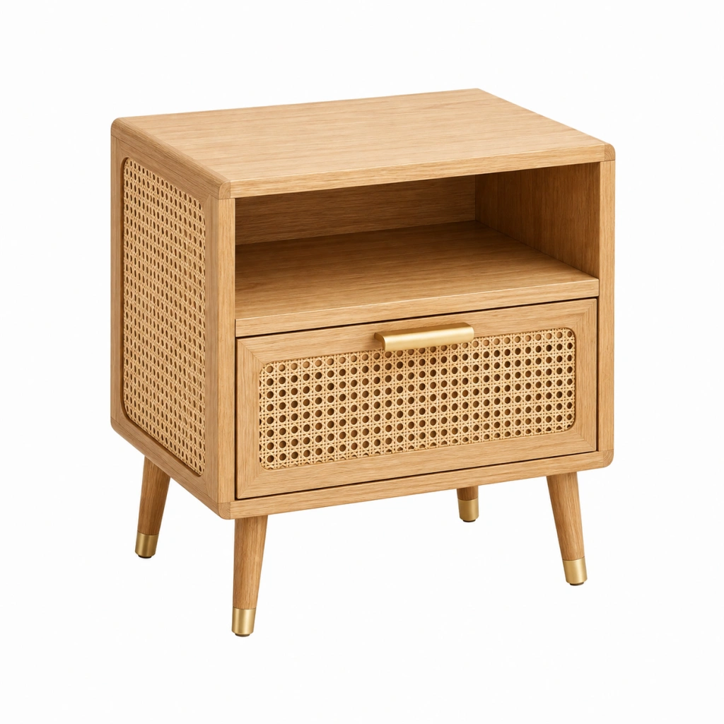 Comodino 45 x 40 x 60 cm in legno naturale e rattan con anta - stile retrò