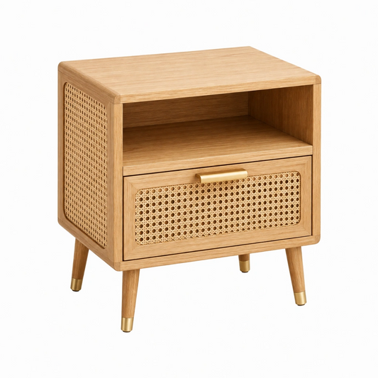Comodino 45 x 40 x 60 cm in legno naturale e rattan con anta - stile retrò